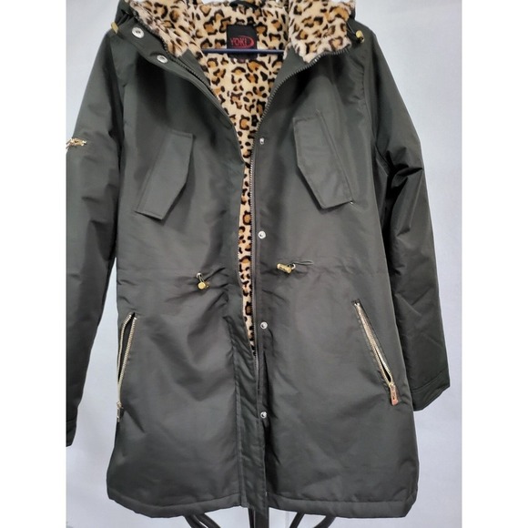 Yoki Olive‎ Green Anorak Jacket Leopard Faux Fur Lined Hooded Drawstring - Picture 4 of 11
